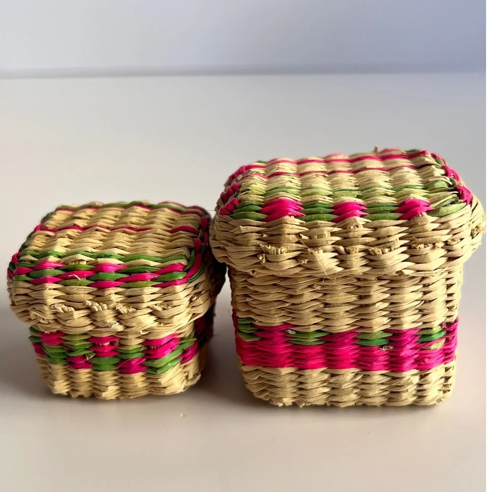 Vintage Miniature Woven Straw Trinket Baskets Set of 2 Boho Folk Art Boxes